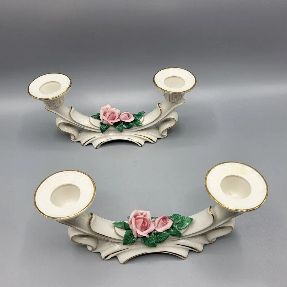 Vtg Dresden Porcelain Rose Double Candle Holder Candlestick Set of 2 Germany